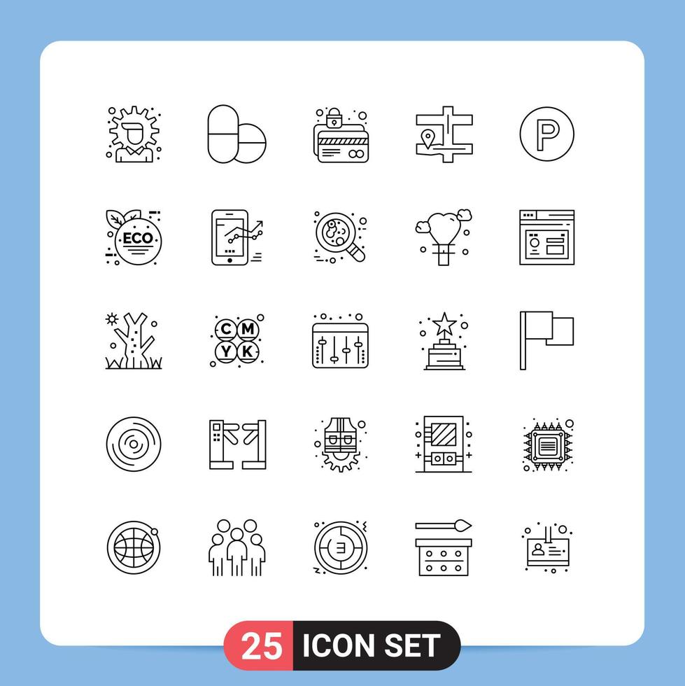 Mobile Interface Line Set of 25 Pictograms of eco green camping card security transport navigation Editable Vector Design Elements
