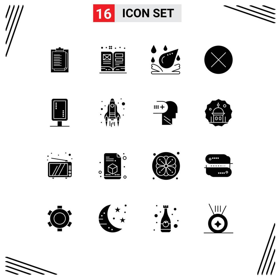 Group of 16 Solid Glyphs Signs and Symbols for branding sign water drop navigation close Editable Vector Design Elements