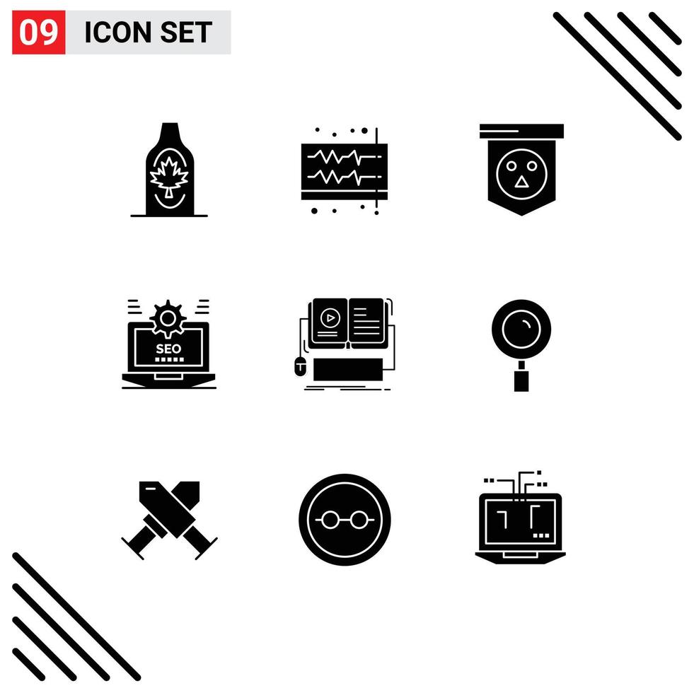 Mobile Interface Solid Glyph Set of 9 Pictograms of setting laptop volume seo horror Editable Vector Design Elements