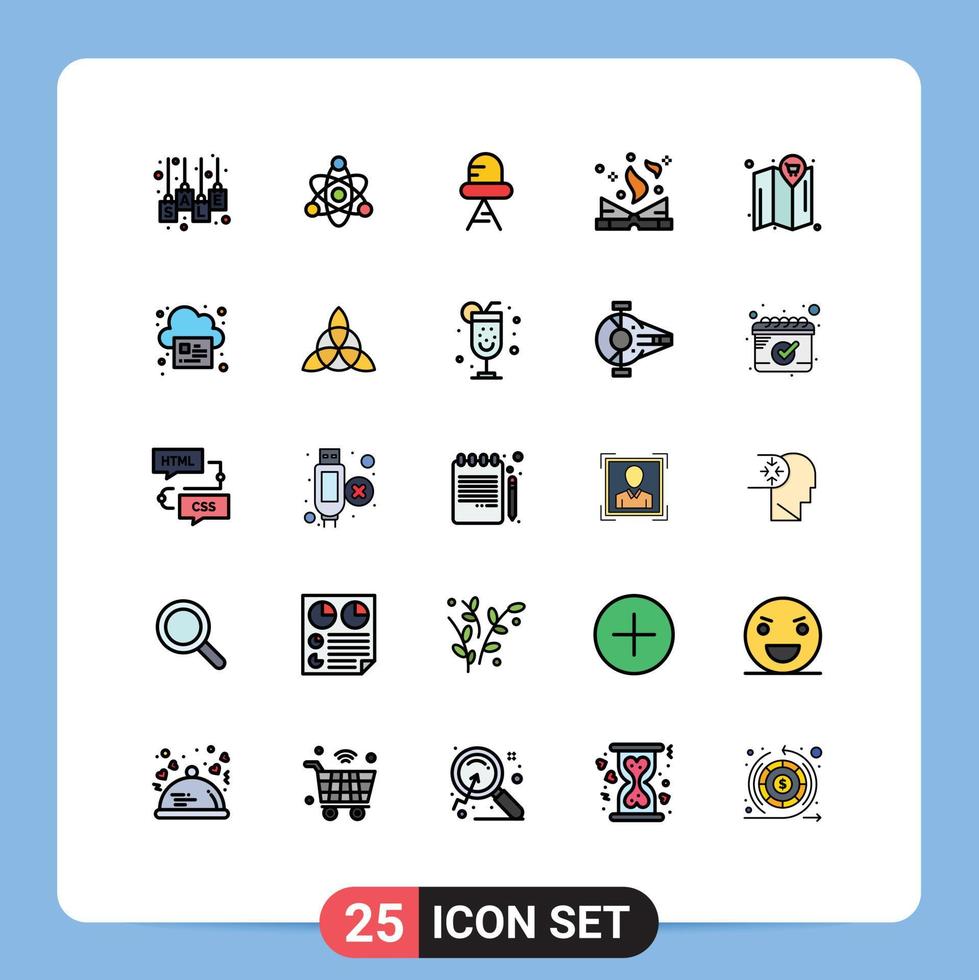 paquete de 25 signos y símbolos modernos de colores planos de línea rellena para medios de impresión web, como elementos de diseño de vectores editables de libros de hechizos de diodos de mapa de carros