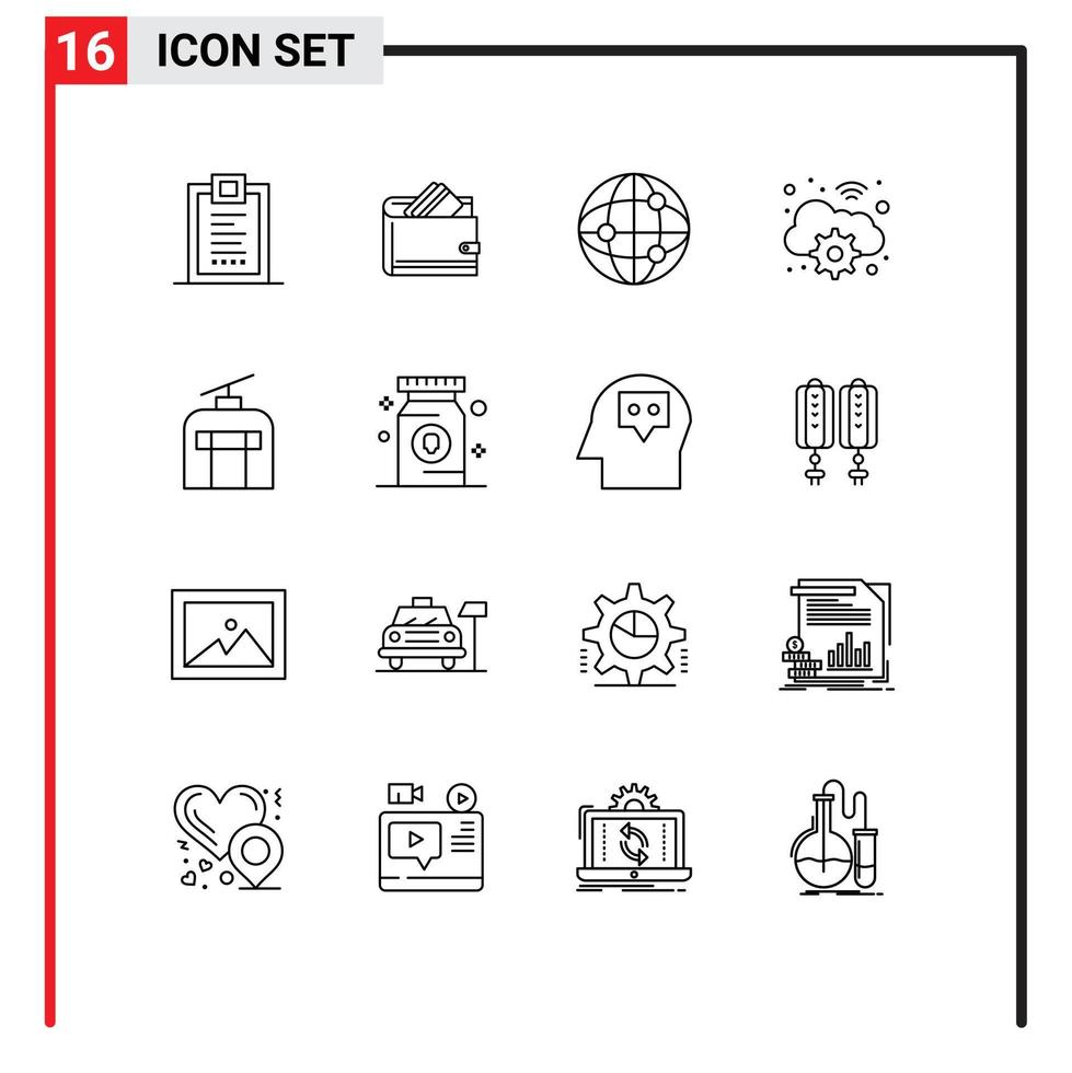 Pack of 16 Modern Outlines Signs and Symbols for Web Print Media such as digital gear dollar cloud globe Editable Vector Design Elements