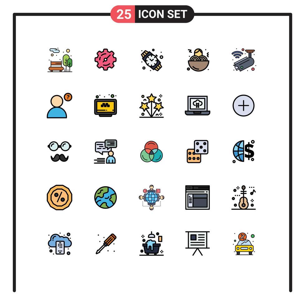 User Interface Pack of 25 Basic Filled line Flat Colors of anonymous surveillance watch cctv food Editable Vector Design Elements