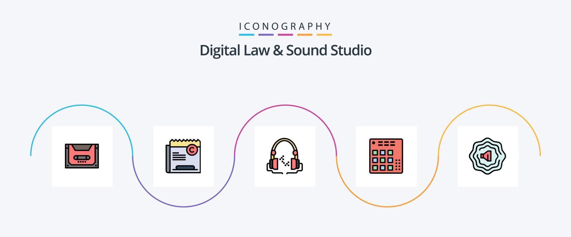 la línea de estudio de sonido y ley digital llenó el paquete de 5 íconos planos que incluye en vivo. controlador. derecho. audio. audio vector