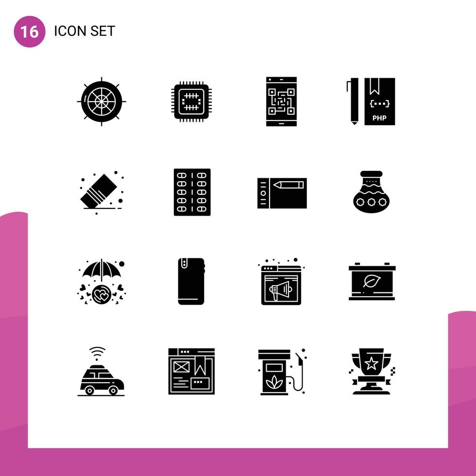 Universal Icon Symbols Group of 16 Modern Solid Glyphs of file develop cpu coding scan Editable Vector Design Elements