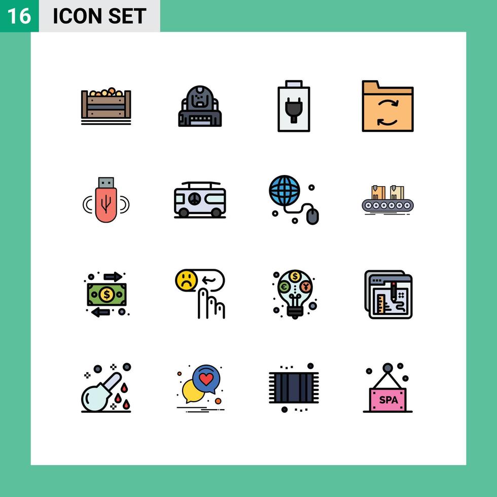 User Interface Pack of 16 Basic Flat Color Filled Lines of data usb protection sync backup Editable Creative Vector Design Elements