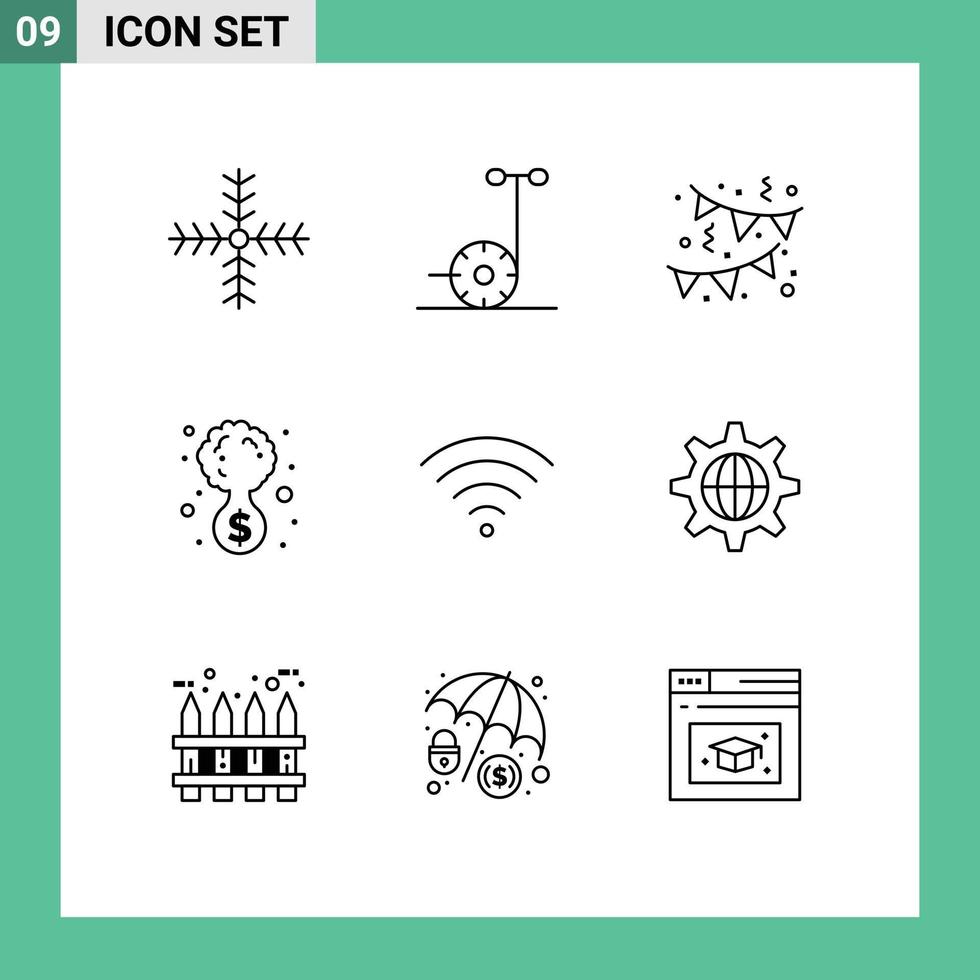 9 User Interface Outline Pack of modern Signs and Symbols of security signal decoration connection investment Editable Vector Design Elements
