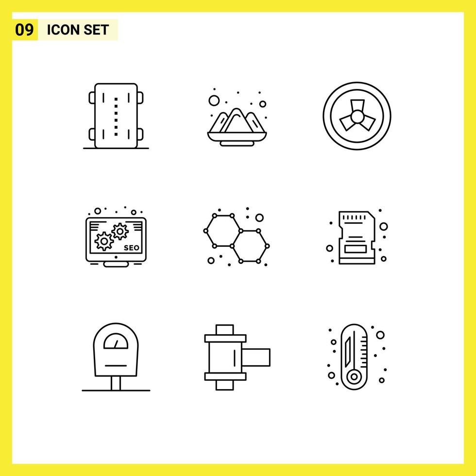 Stock Vector Icon Pack of 9 Line Signs and Symbols for molecule atoms powder seo marketing Editable Vector Design Elements
