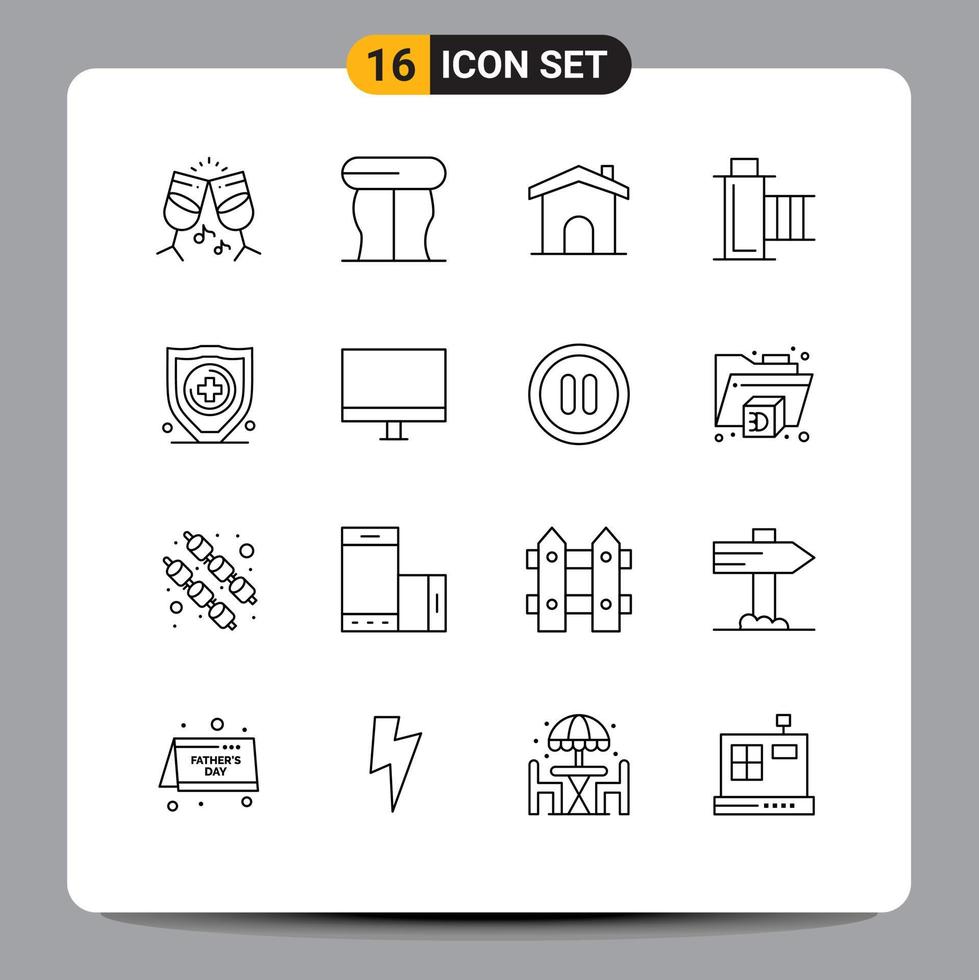 16 Universal Outline Signs Symbols of security insurance home reel movie Editable Vector Design Elements