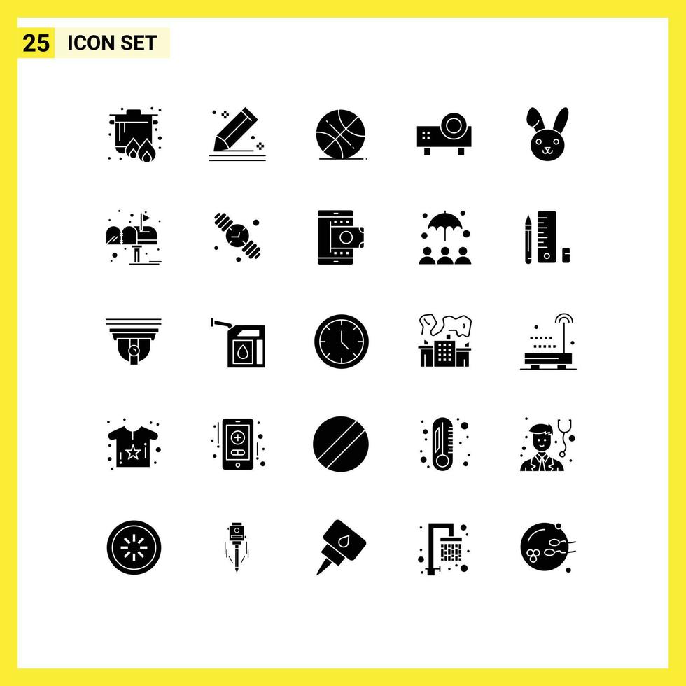 Set of 25 Commercial Solid Glyphs pack for video projector projector stationery powerpoint presentation usa Editable Vector Design Elements