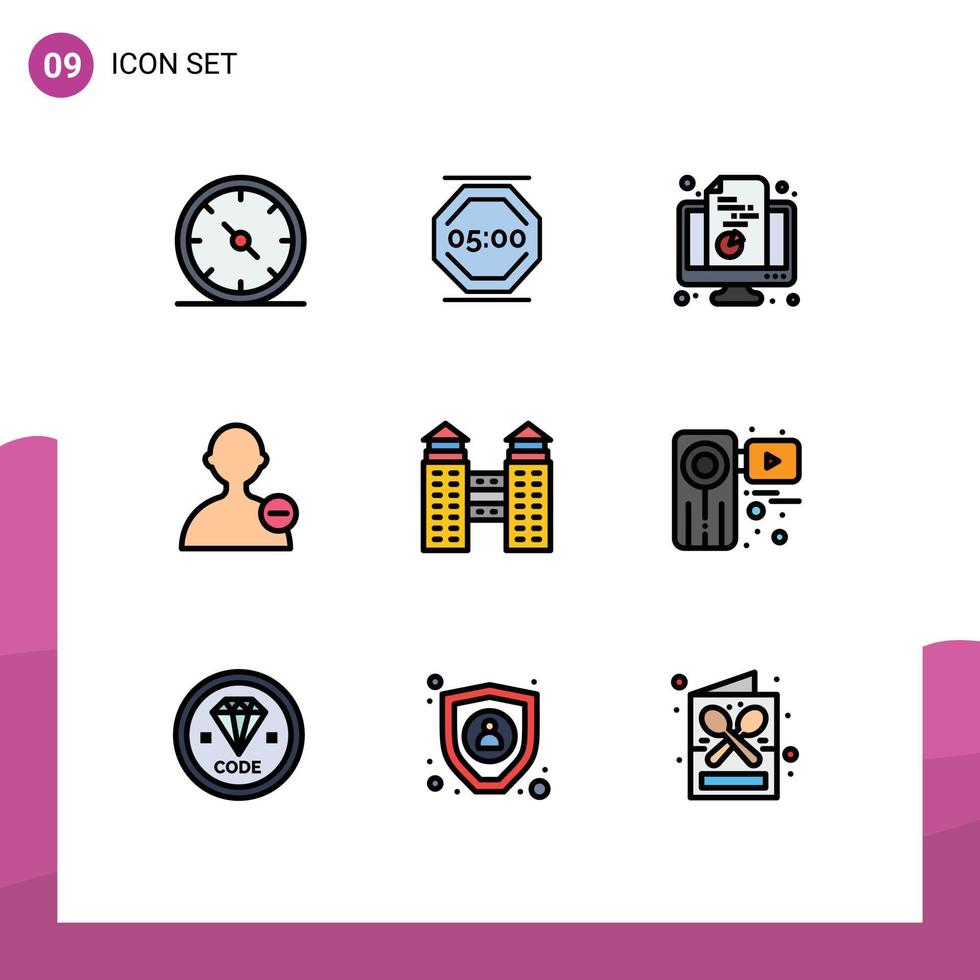 9 Universal Filledline Flat Colors Set for Web and Mobile Applications building interface working basic pie Editable Vector Design Elements