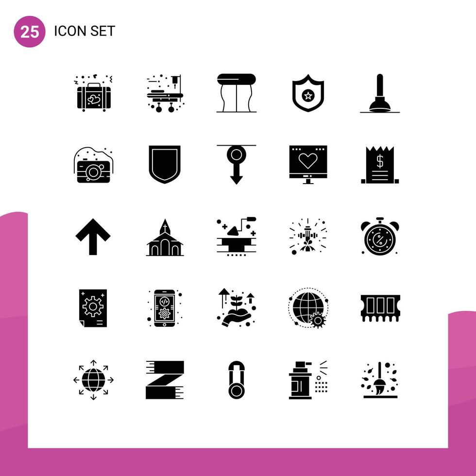 25 Thematic Vector Solid Glyphs and Editable Symbols of old tool interior toilet shield Editable Vector Design Elements