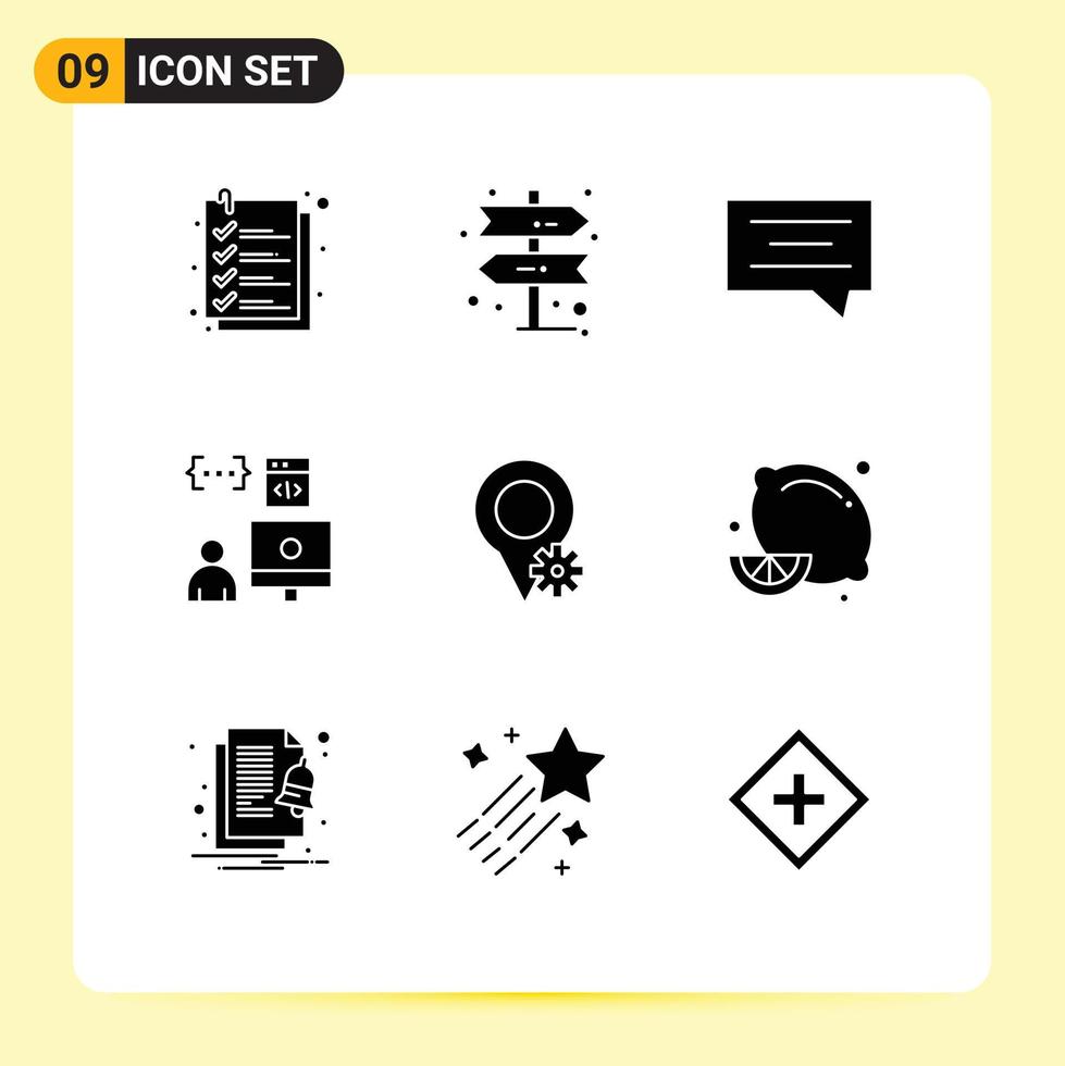 9 Thematic Vector Solid Glyphs and Editable Symbols of settings location chat programmer develop Editable Vector Design Elements