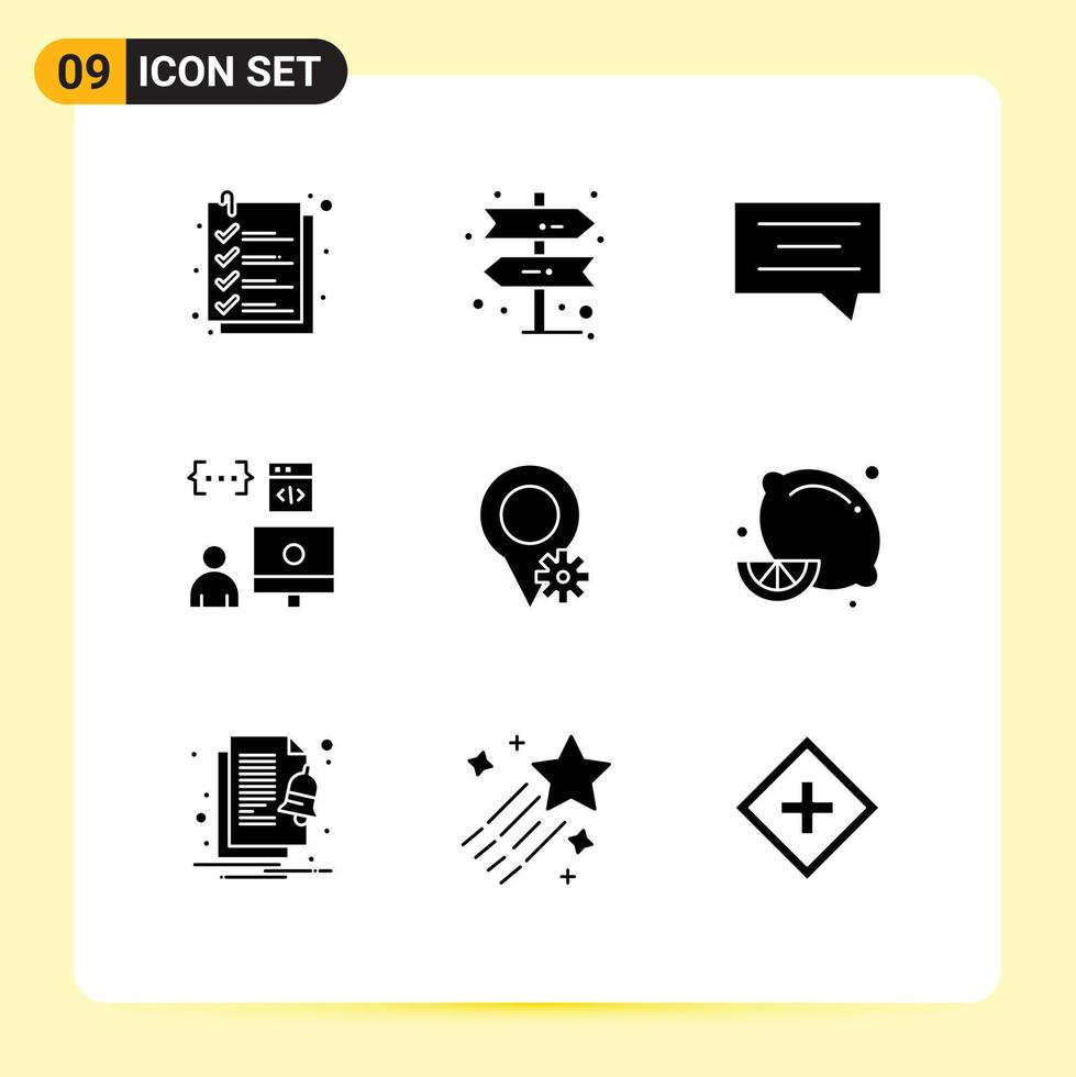 9 glifos sólidos vectoriales temáticos y símbolos editables del programador de chat de ubicación de configuración desarrollan elementos de diseño vectorial editables vector