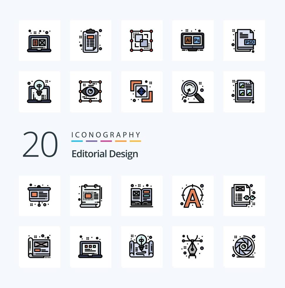 20 Editorial Design Line Filled Color icon Pack like content connect art write edit vector