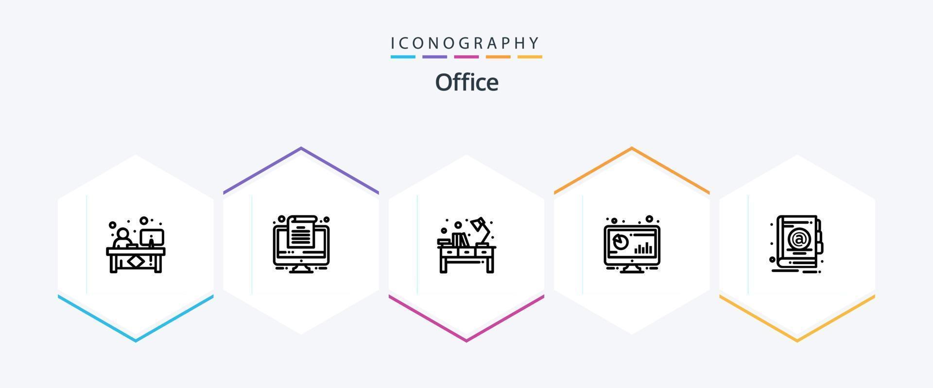 paquete de iconos de 25 líneas de oficina que incluye pc. computadora. escritorio. bar. lugar de trabajo vector