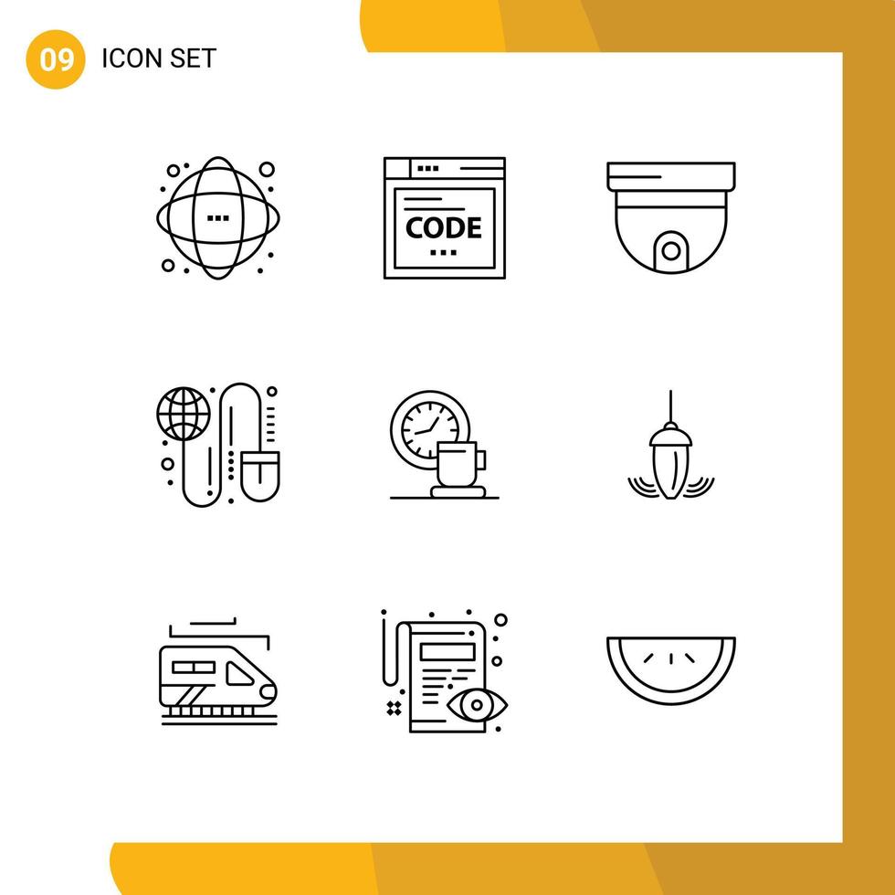 Modern Set of 9 Outlines Pictograph of worldwide grid coding globe surveillance Editable Vector Design Elements