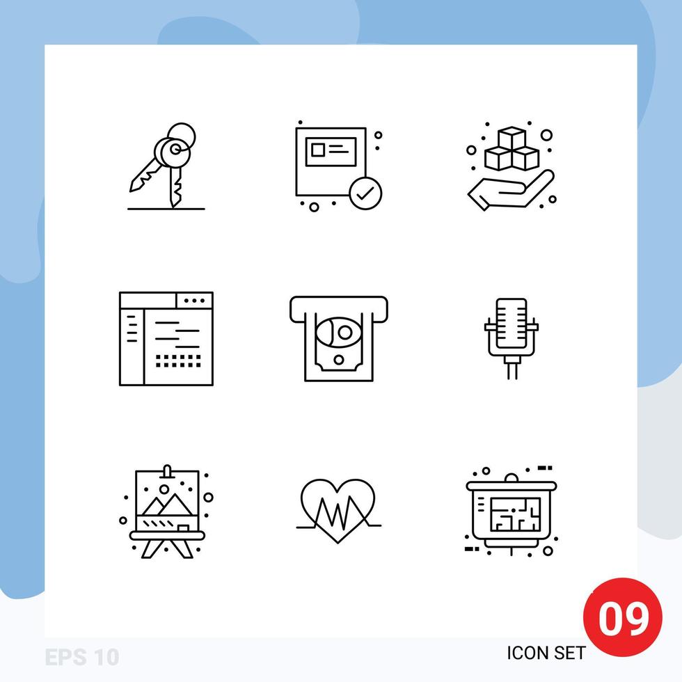 Universal Icon Symbols Group of 9 Modern Outlines of atm page box development code Editable Vector Design Elements