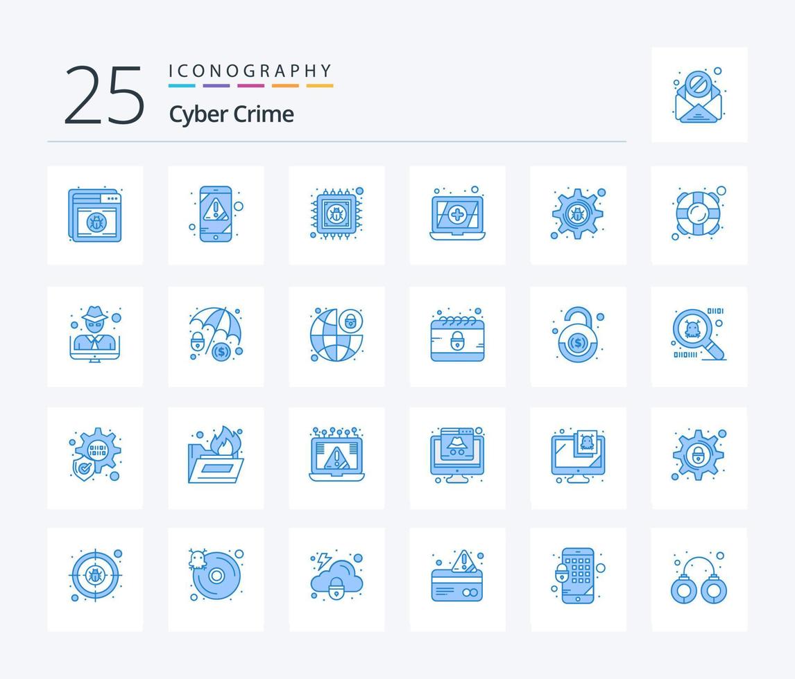 paquete de iconos de color azul de 25 delitos cibernéticos que incluye un error de configuración. delito cibernético. virus. información vector