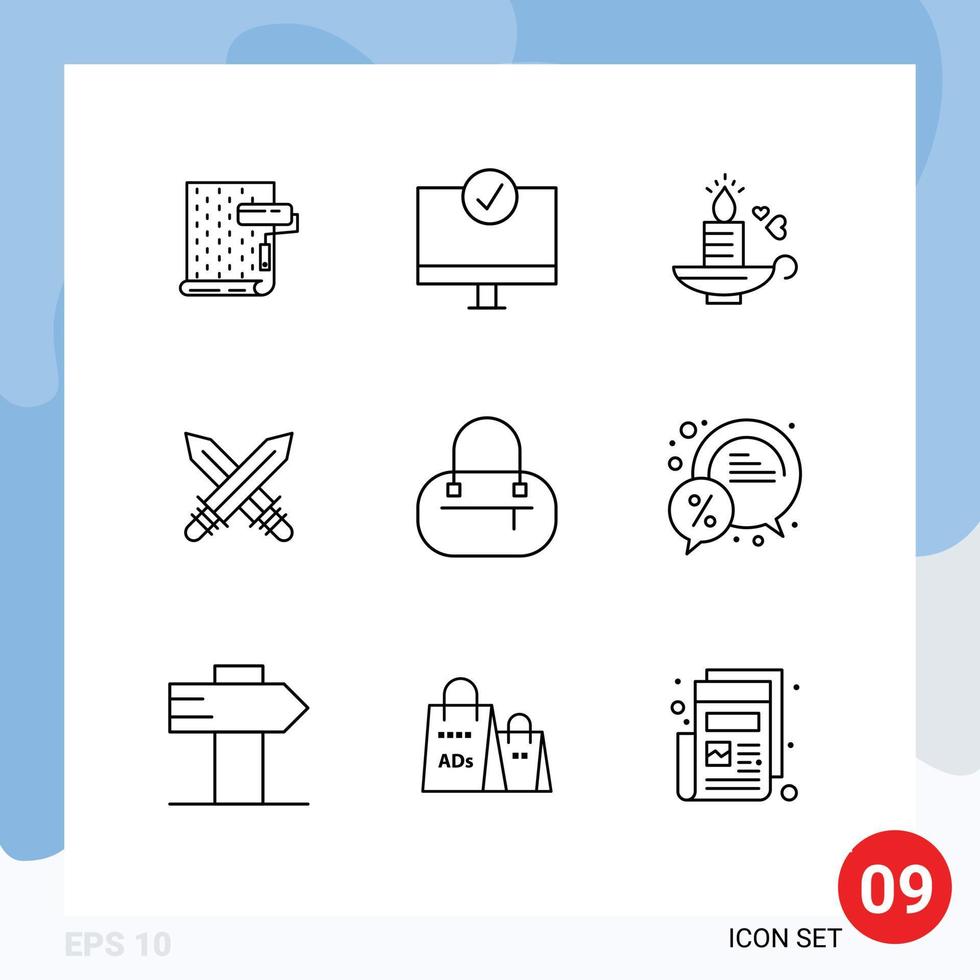 Pack of 9 Modern Outlines Signs and Symbols for Web Print Media such as weapon fencing gadget sword heart Editable Vector Design Elements