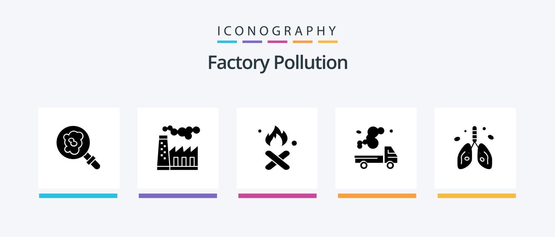 Factory Pollution Glyph 5 Icon Pack Including pollution. gas. fire. emission. automobile. Creative Icons Design vector