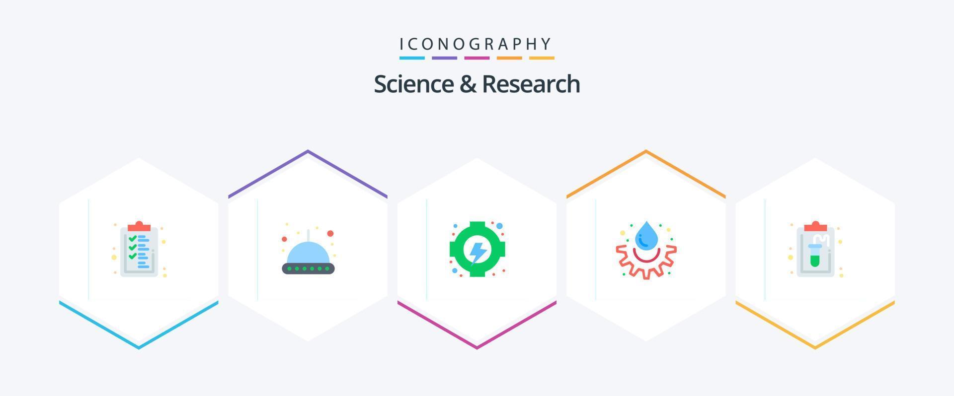 Science 25 Flat icon pack including lab. document. gear. clipboard. drop vector