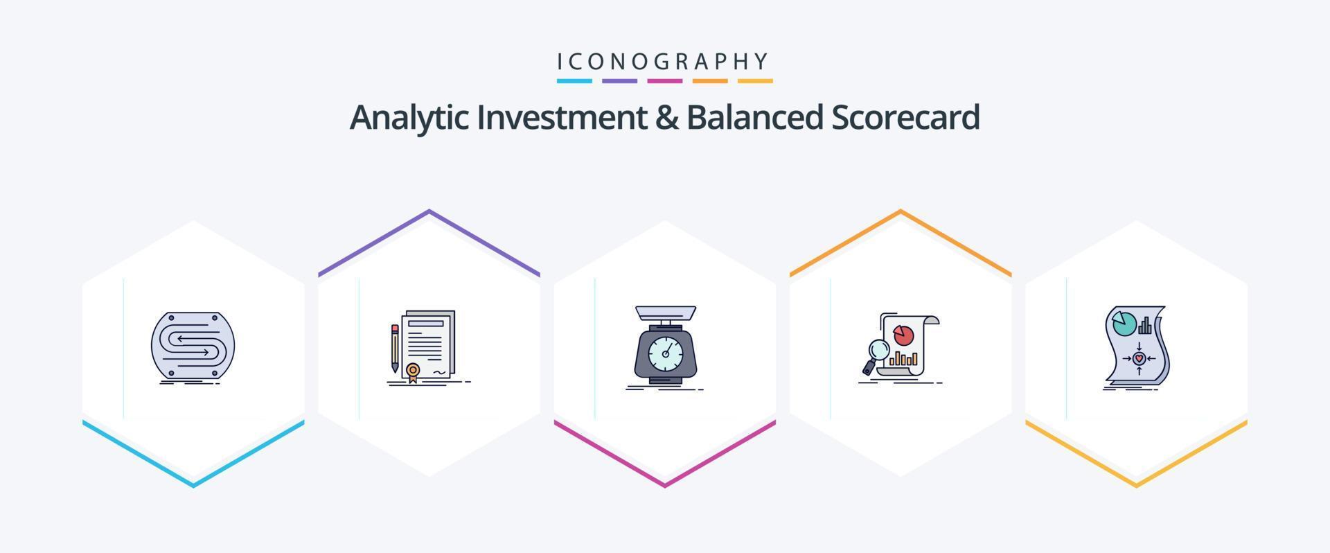 Paquete de iconos de 25 líneas completas de inversión analítica y cuadro de mando integral que incluye negocios. análisis. grado. volumen. escala vector