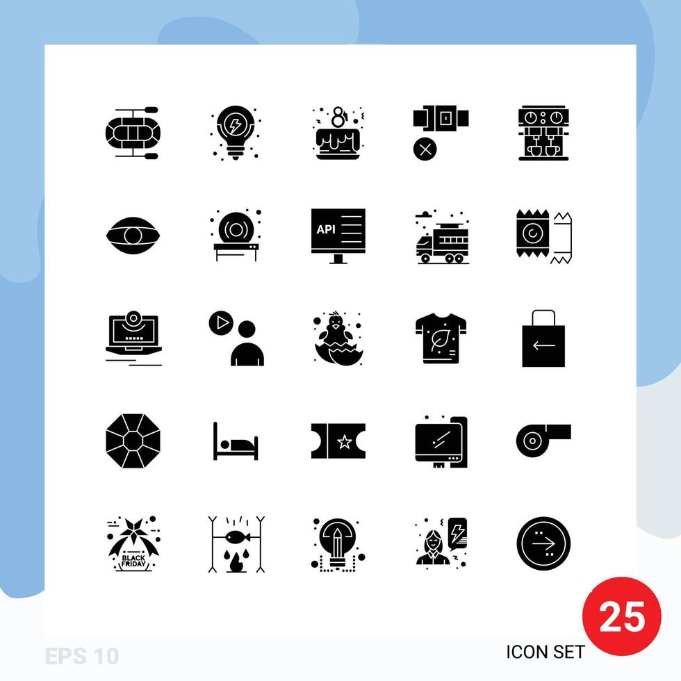 Mobile Interface Solid Glyph Set of 25 Pictograms of drink kitchen love coffee lock Editable Vector Design Elements