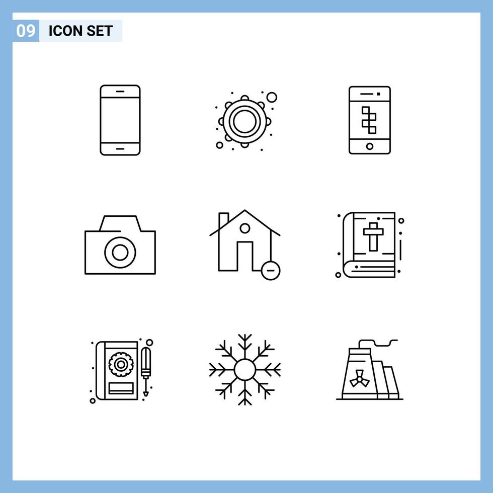 Set of 9 Commercial Outlines pack for estate buildings tambourine camera technology Editable Vector Design Elements