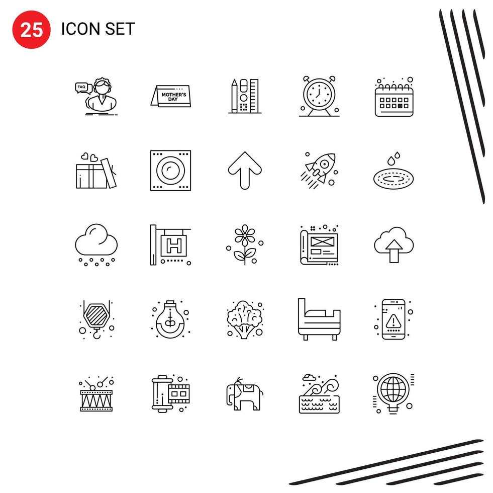 Pack of 25 Modern Lines Signs and Symbols for Web Print Media such as timer schedule time clock online Editable Vector Design Elements