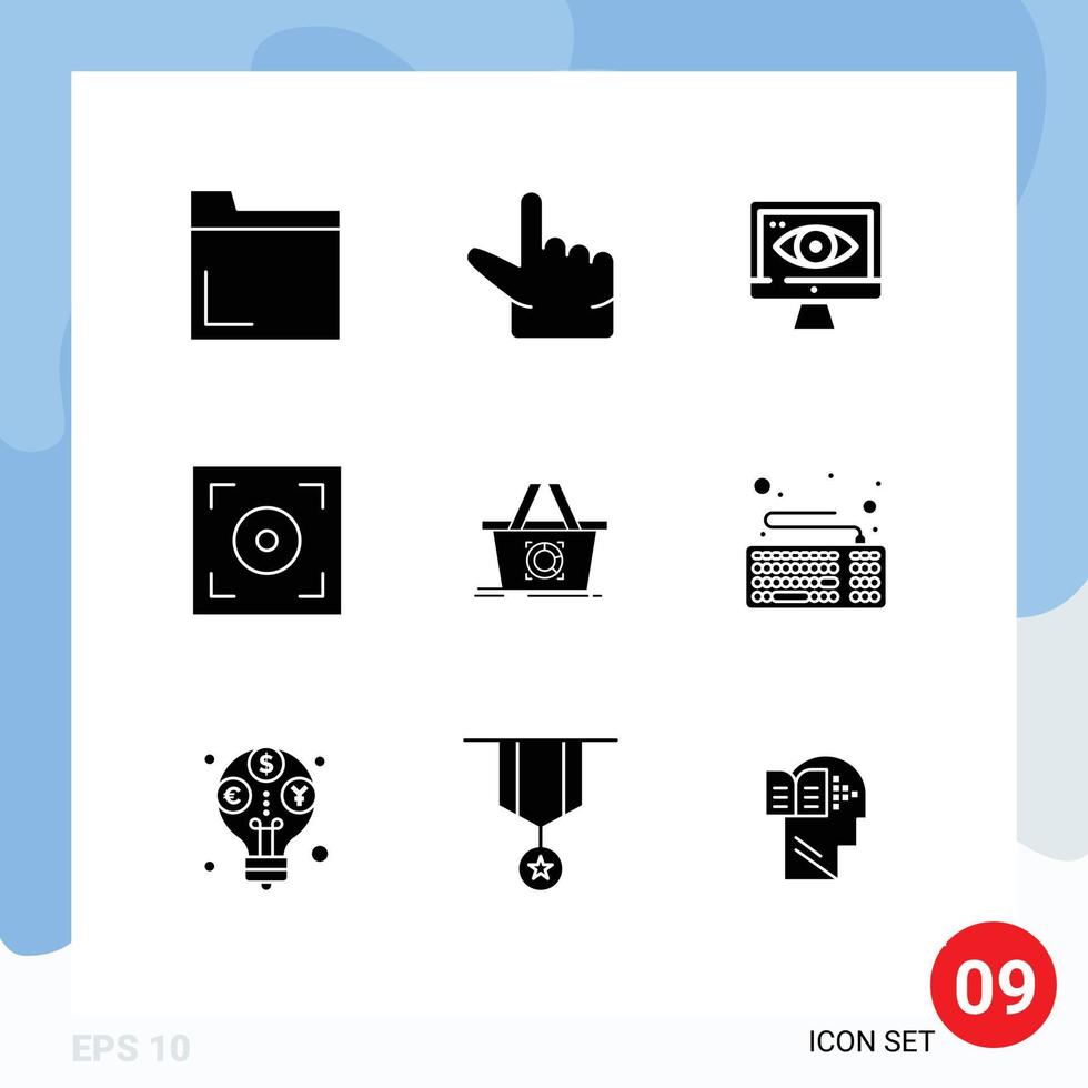 9 Thematic Vector Solid Glyphs and Editable Symbols of hardware computer cinema shopping add to cart Editable Vector Design Elements