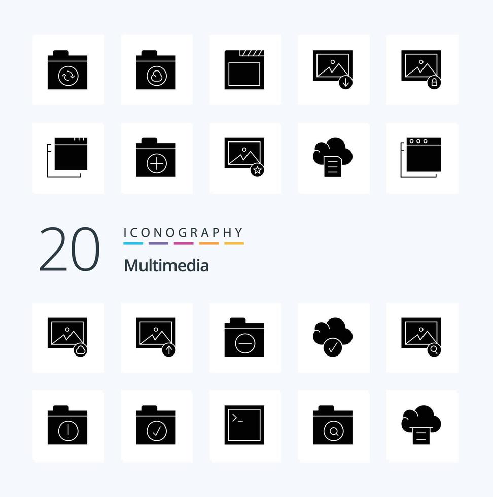 20 Multimedia Solid Glyph icon Pack like files search detail photo data vector
