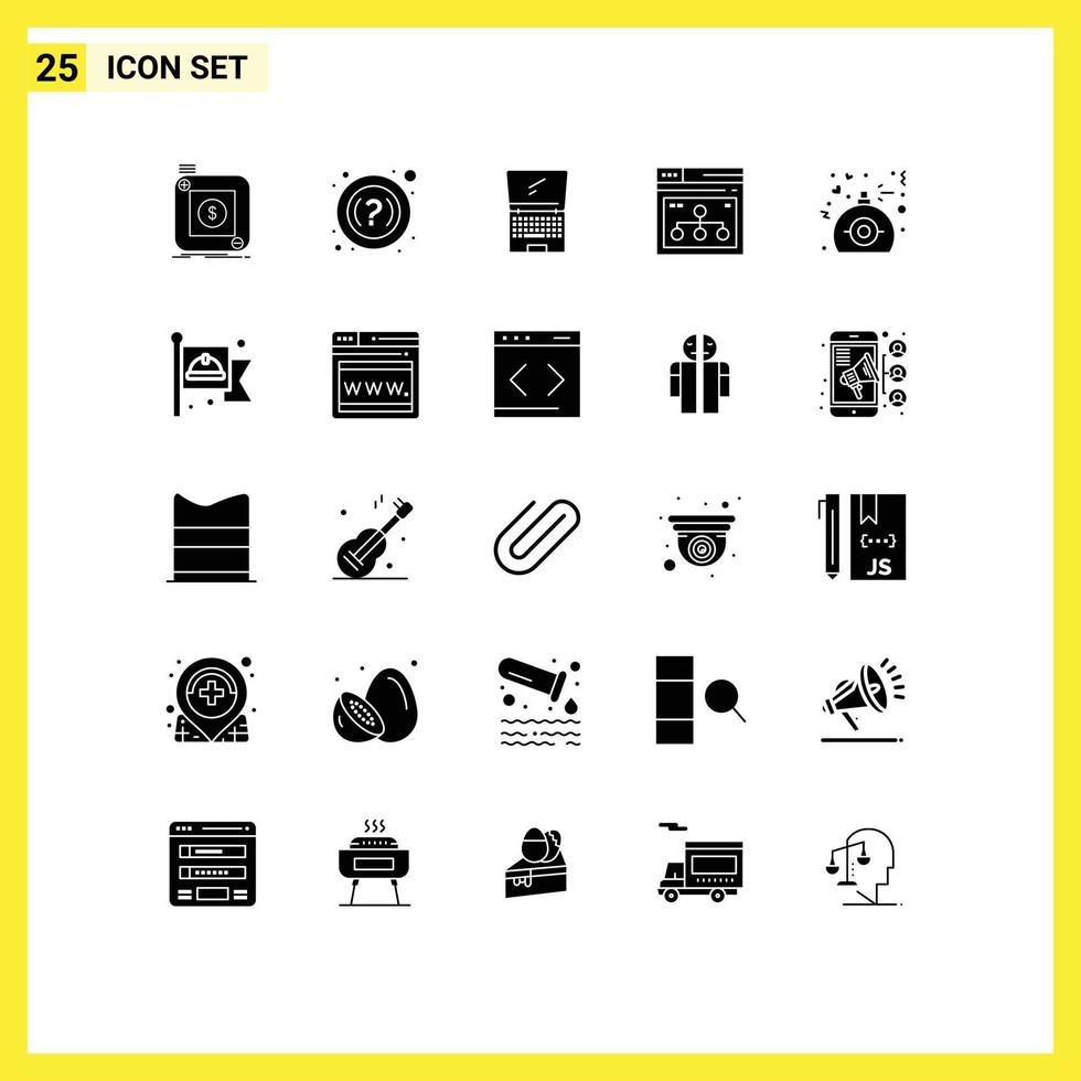 Pack of 25 Modern Solid Glyphs Signs and Symbols for Web Print Media such as share web computer page flip Editable Vector Design Elements