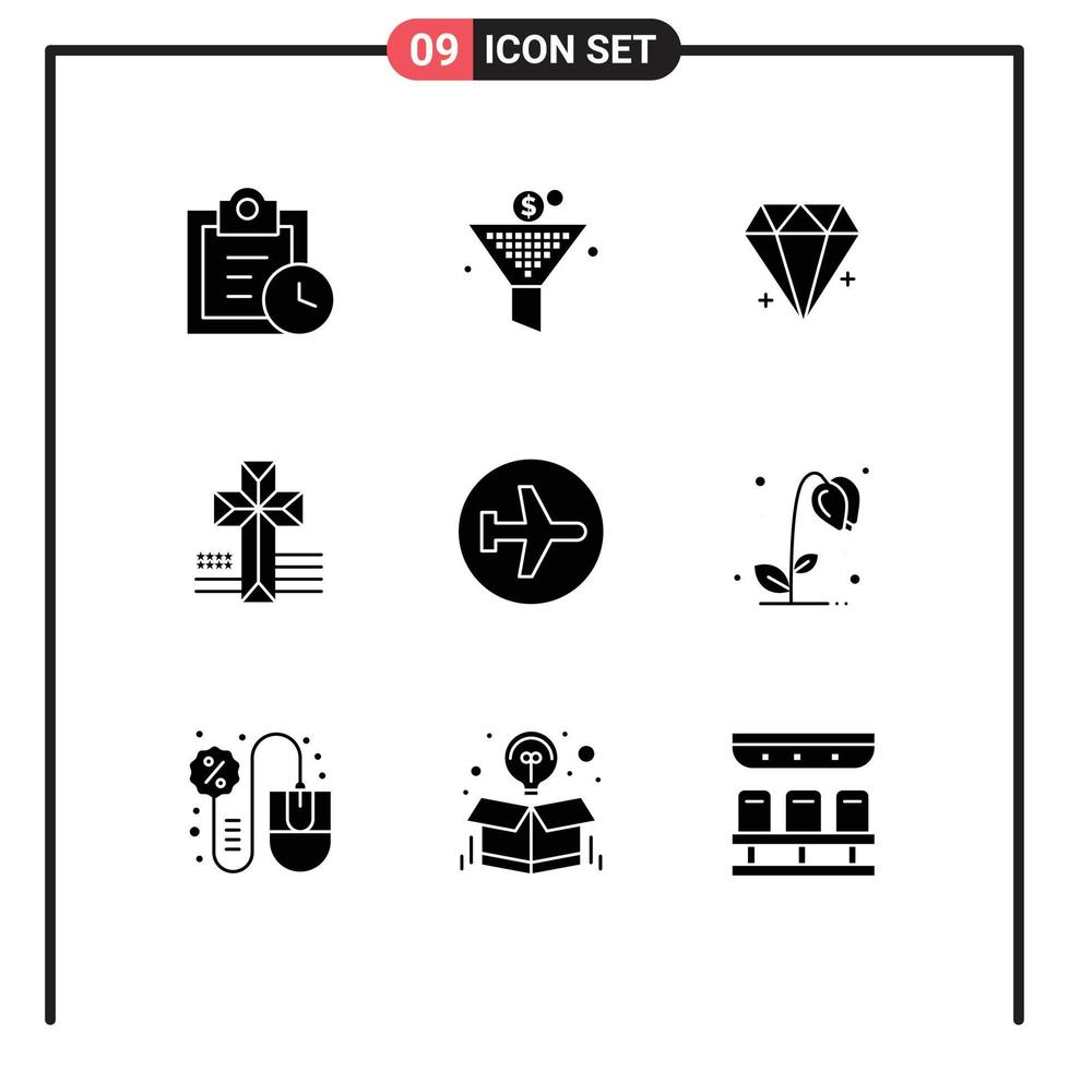 Set of 9 Commercial Solid Glyphs pack for flying airplane ecommerce aero plane cross Editable Vector Design Elements