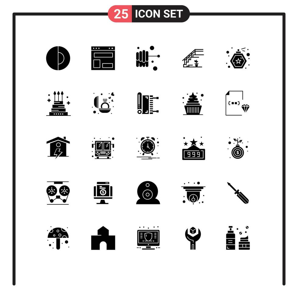 Mobile Interface Solid Glyph Set of 25 Pictograms of perfume home website layout stage upstairs Editable Vector Design Elements