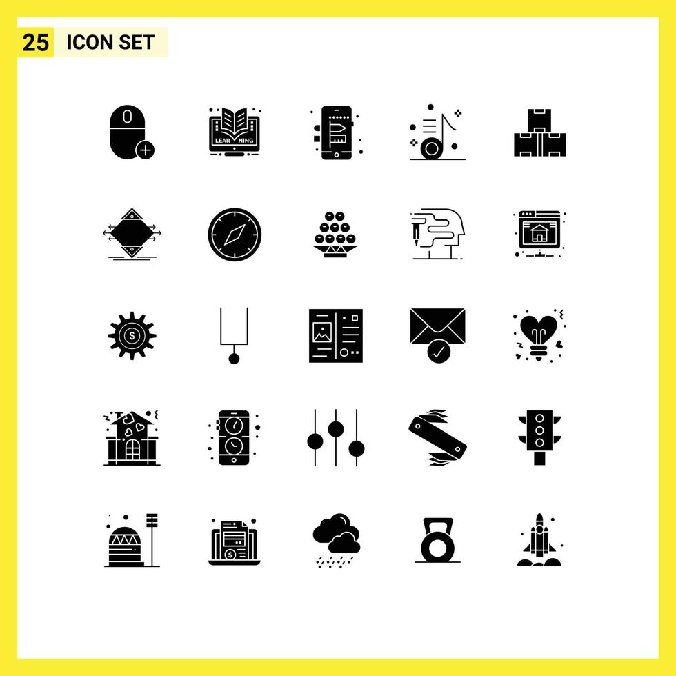 Pack of 25 creative Solid Glyphs of industry note online musical audio Editable Vector Design Elements