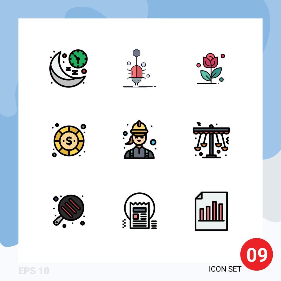 9 Universal Filledline Flat Colors Set for Web and Mobile Applications payment dollar virus currency love Editable Vector Design Elements