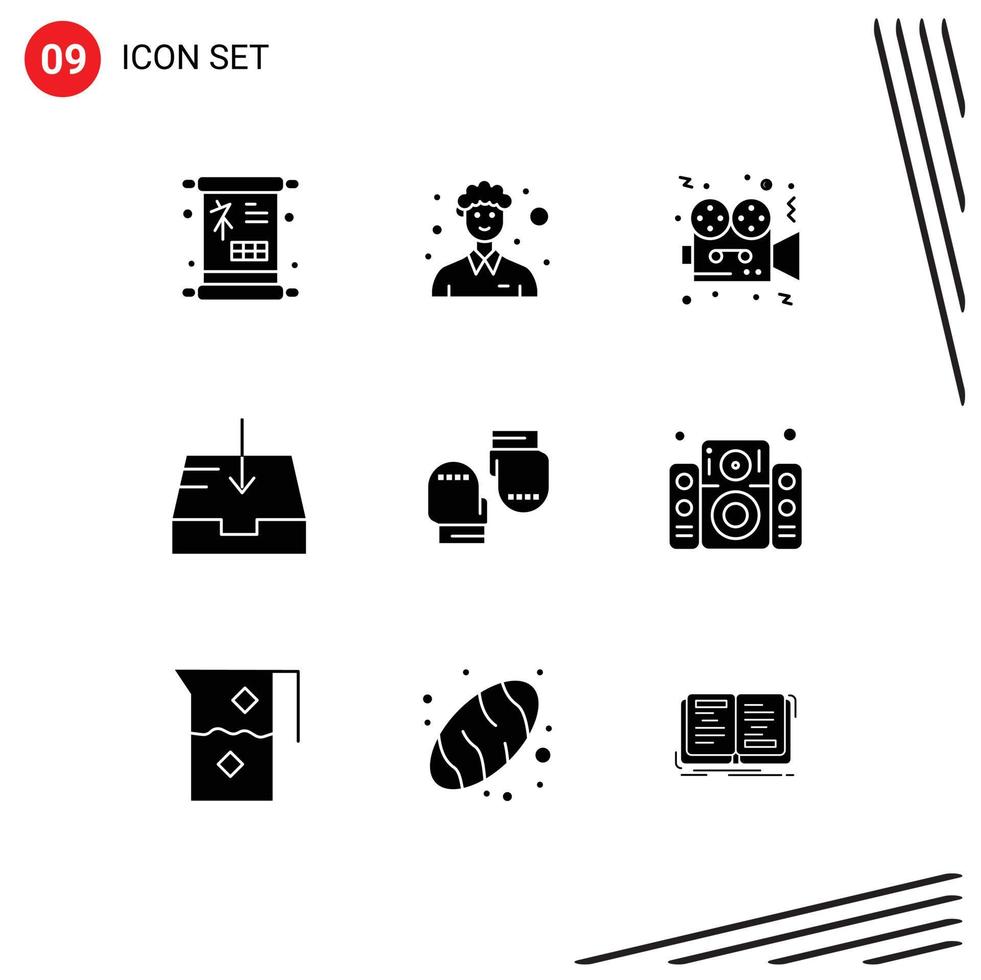 9 paquete de glifos sólidos de interfaz de usuario de signos y símbolos modernos de guante recibir elementos de diseño de vector editables de cine de buzón de película