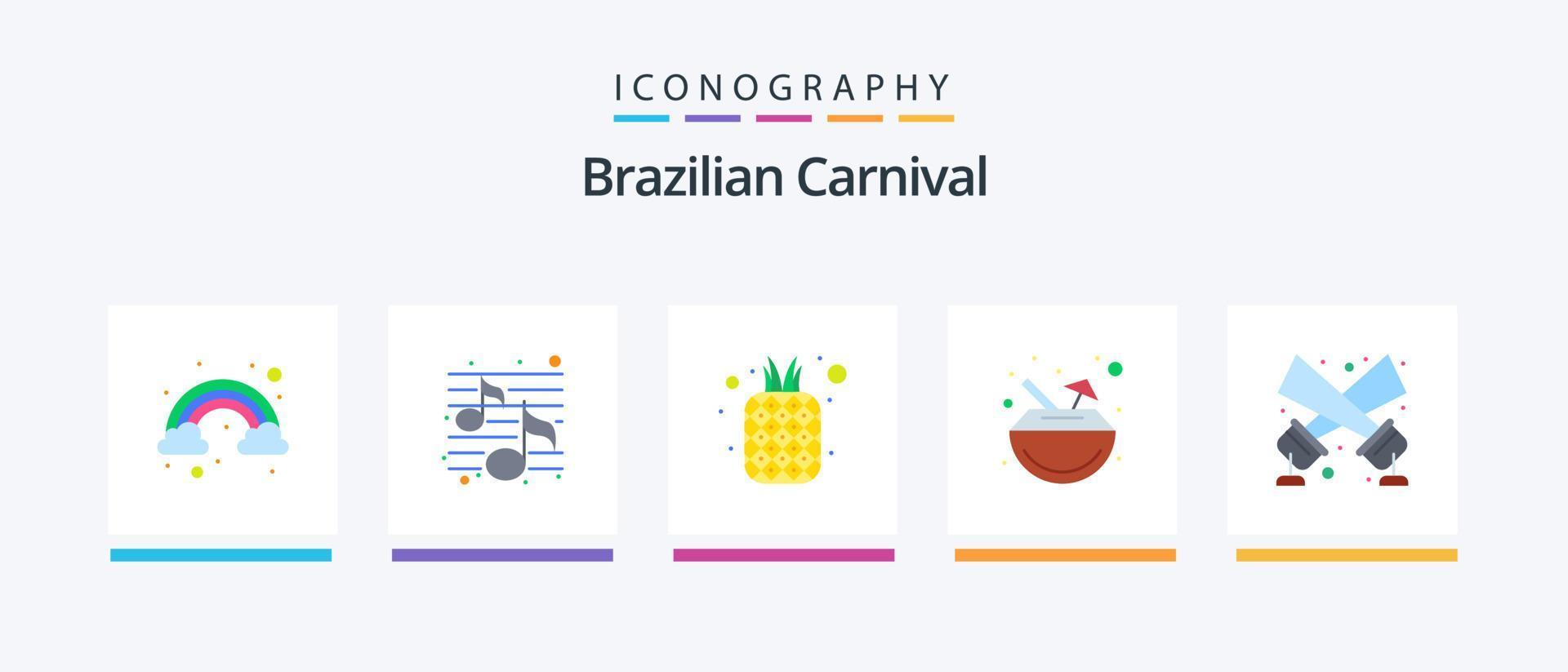 paquete de íconos planos 5 del carnaval brasileño que incluye reflector. Coco. Fruta. cóctel. bebida. diseño de iconos creativos vector