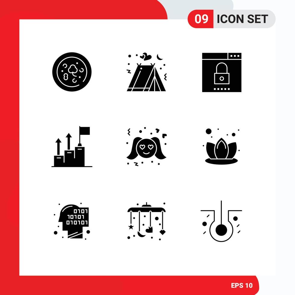 Set of 9 Modern UI Icons Symbols Signs for love marketing media growth achievement Editable Vector Design Elements