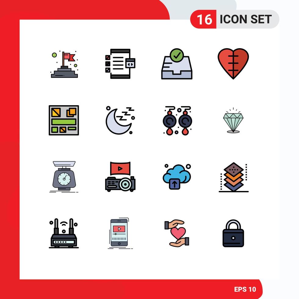 Group of 16 Flat Color Filled Lines Signs and Symbols for web design check medical sign heart shape Editable Creative Vector Design Elements