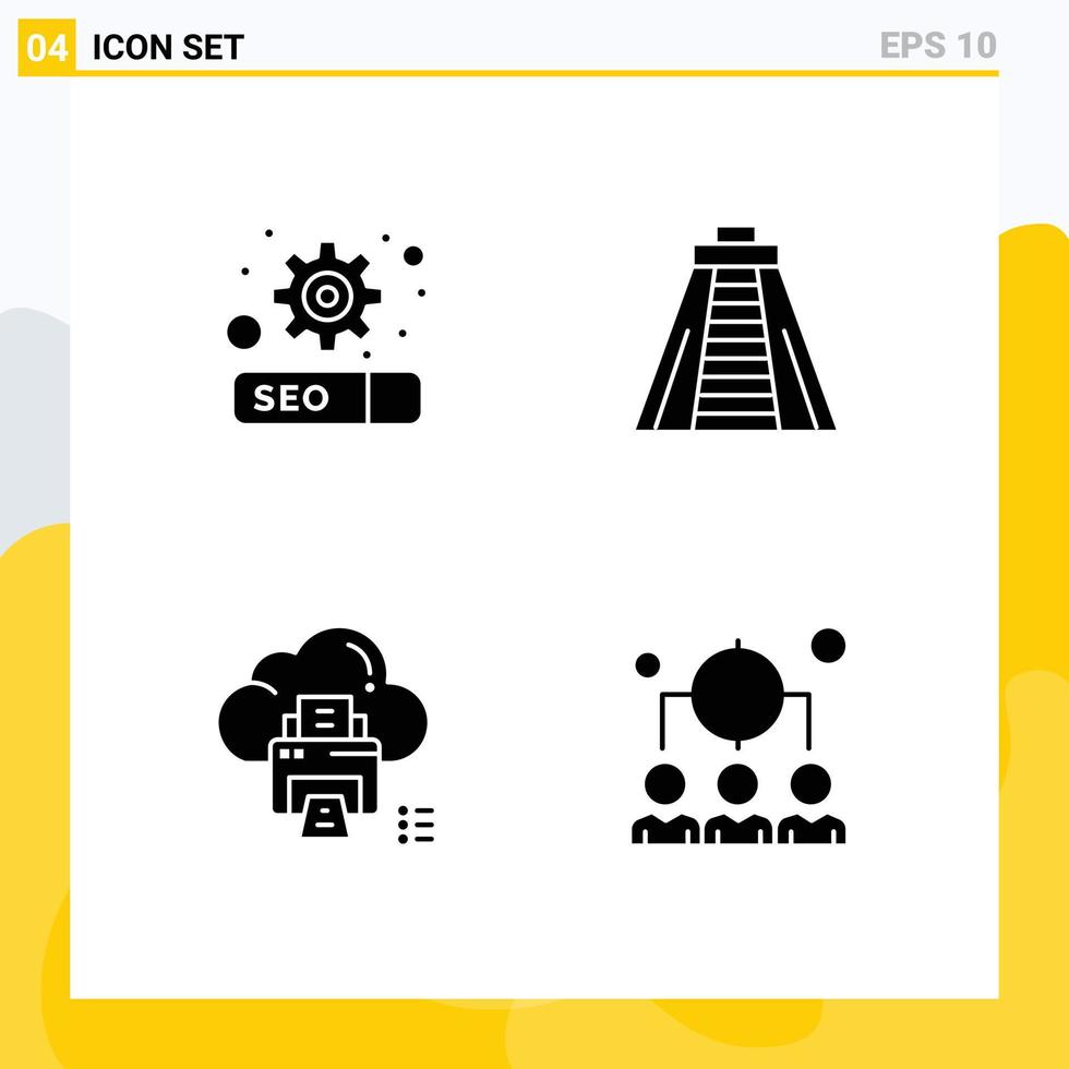 Pack of 4 creative Solid Glyphs of gear printer chichen itza cloud business Editable Vector Design Elements