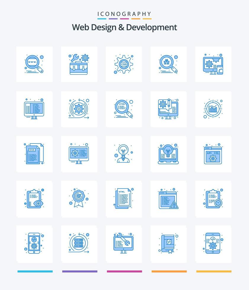 Creative Web Design And Development 25 Blue icon pack  Such As adaptive. search. settings. scan. css gear vector