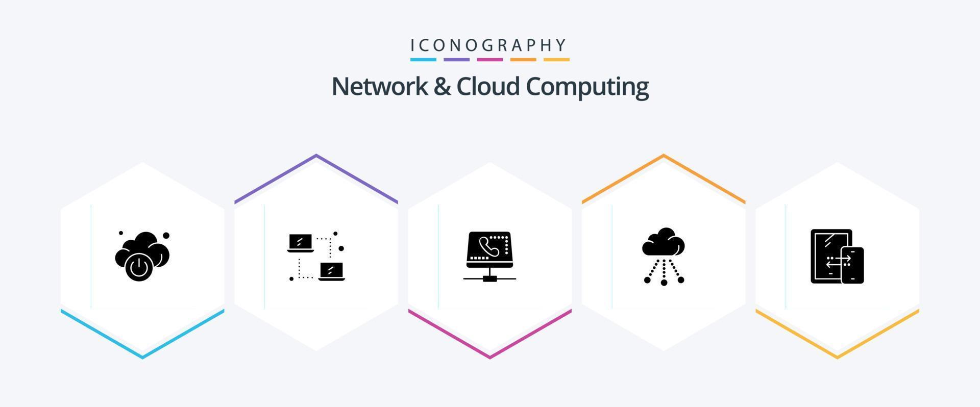 Network And Cloud Computing 25 Glyph icon pack including connection. technology. handset. storage. cloud vector