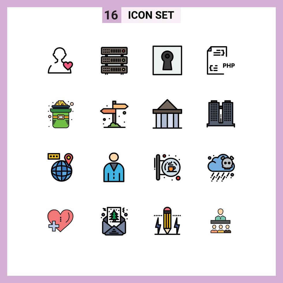 Group of 16 Flat Color Filled Lines Signs and Symbols for hat file lock document develop Editable Creative Vector Design Elements