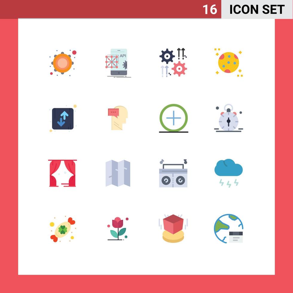 Pack of 16 Modern Flat Colors Signs and Symbols for Web Print Media such as arrow moon mobile astronomy wheel Editable Pack of Creative Vector Design Elements