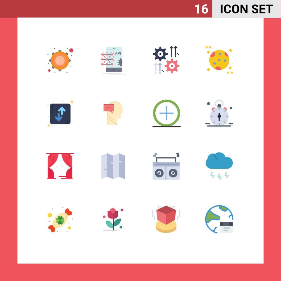 paquete de 16 signos y símbolos de colores planos modernos para medios de impresión web, como la rueda de astronomía móvil flecha luna paquete editable de elementos creativos de diseño de vectores