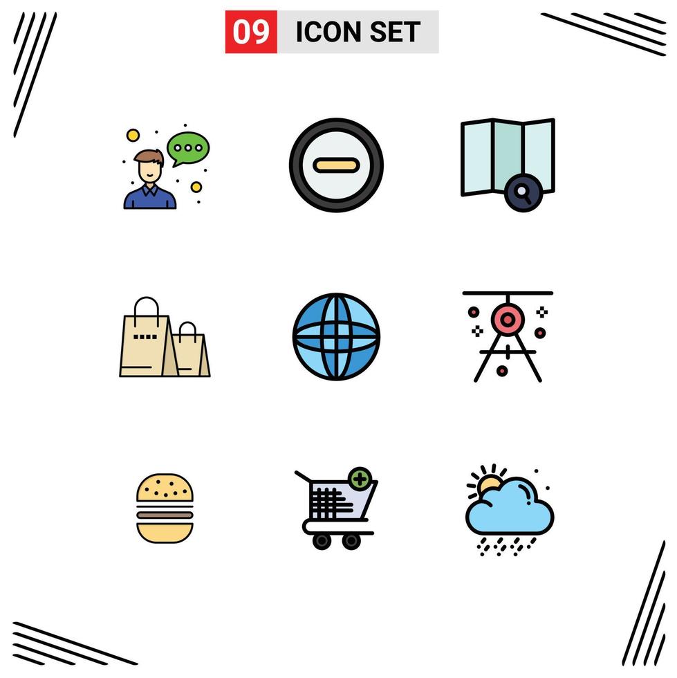Group of 9 Filledline Flat Colors Signs and Symbols for architecture internet map globe shopping Editable Vector Design Elements