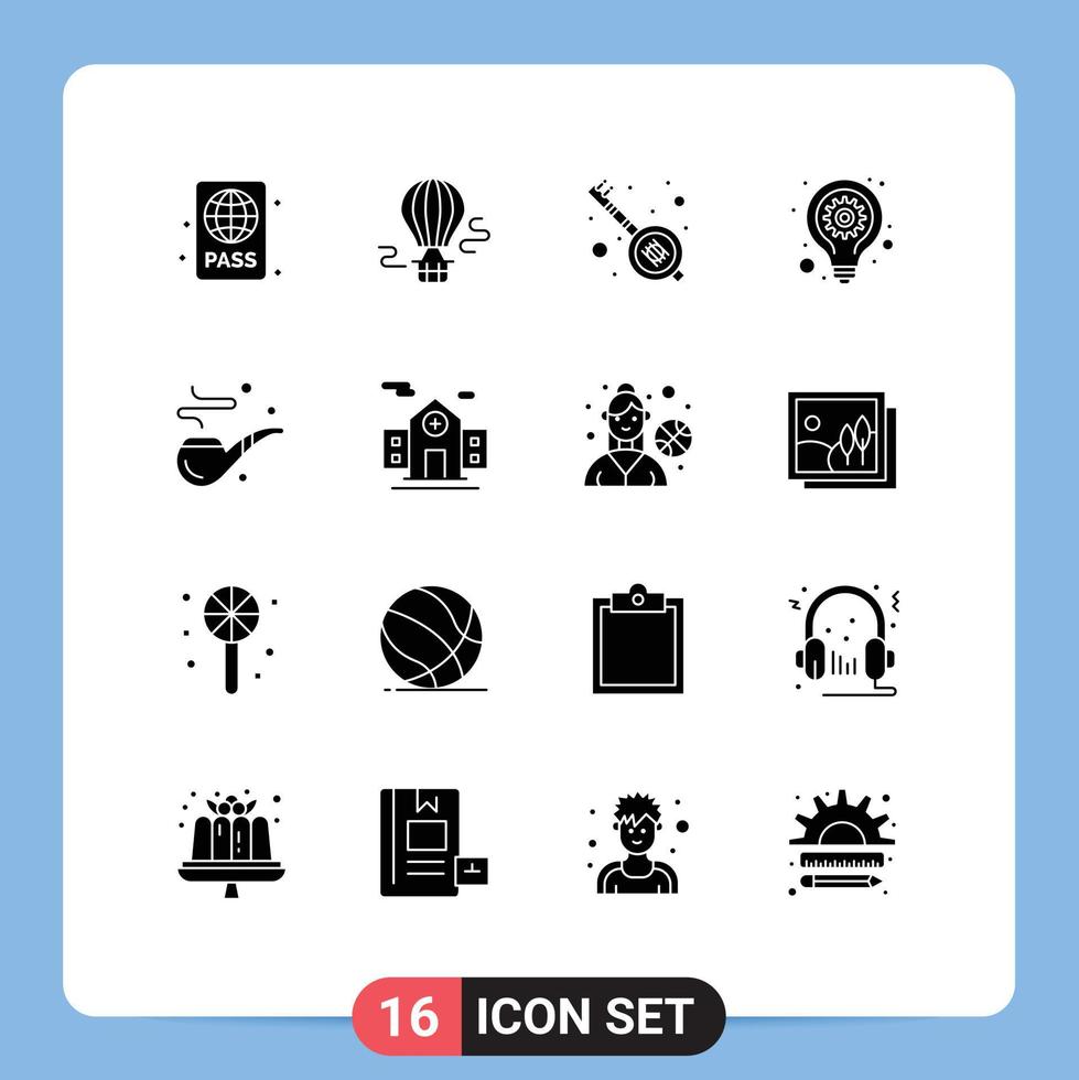 16 Thematic Vector Solid Glyphs and Editable Symbols of cigar lamp transport idea party Editable Vector Design Elements