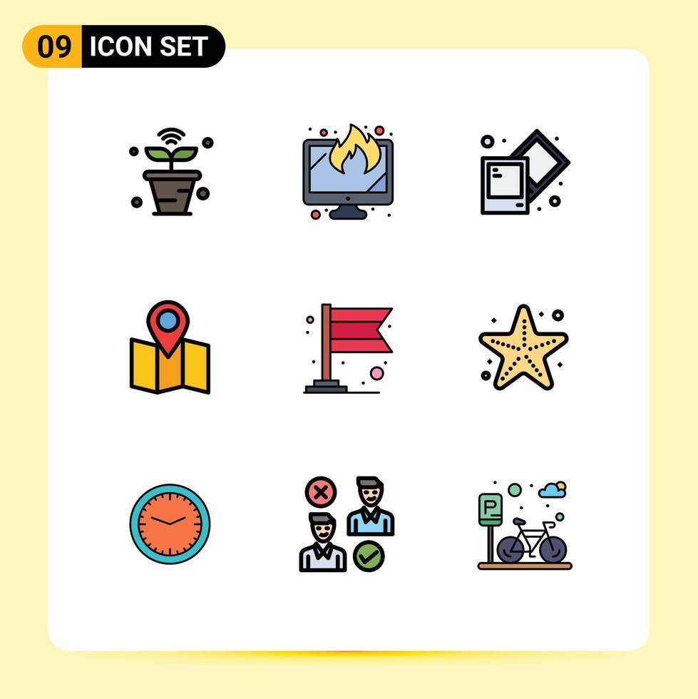 User Interface Pack of 9 Basic Filledline Flat Colors of flag banner data pointer location Editable Vector Design Elements