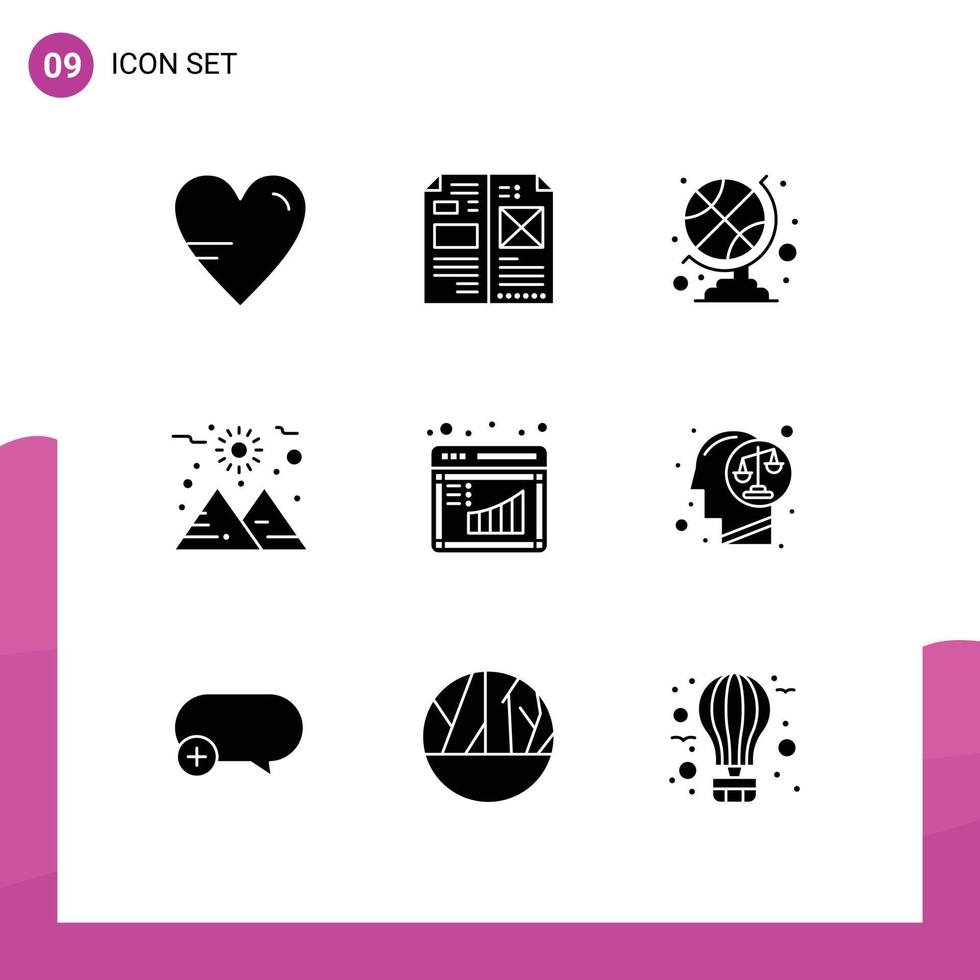 Universal Icon Symbols Group of 9 Modern Solid Glyphs of graph board media sun planet Editable Vector Design Elements